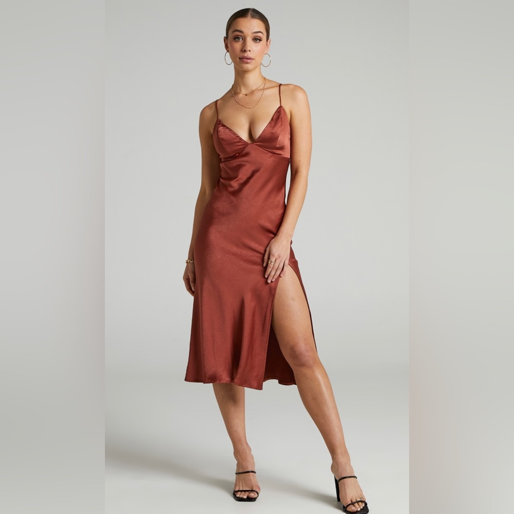 Joahanna Satin Slip Dress in Rust - Showpo